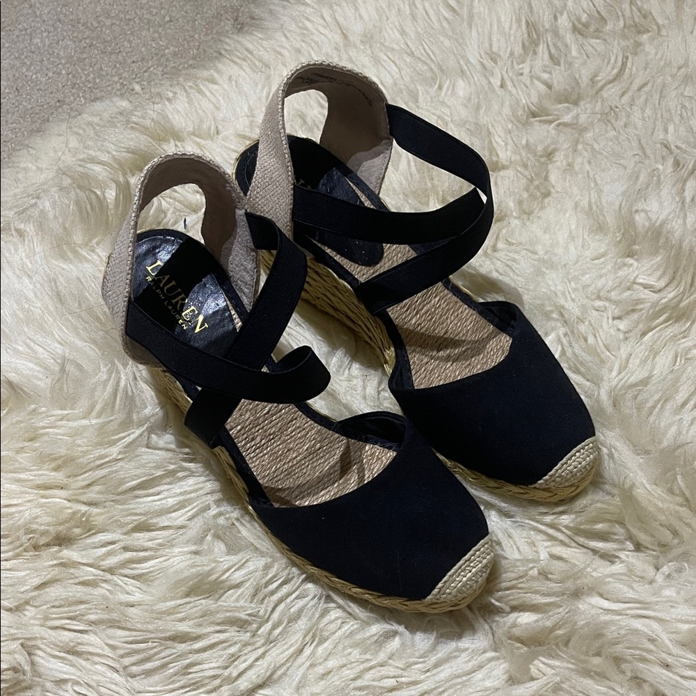 Ralph Lauren Black Espadrille Wedge Sandals 9 - Picture 2 of 7